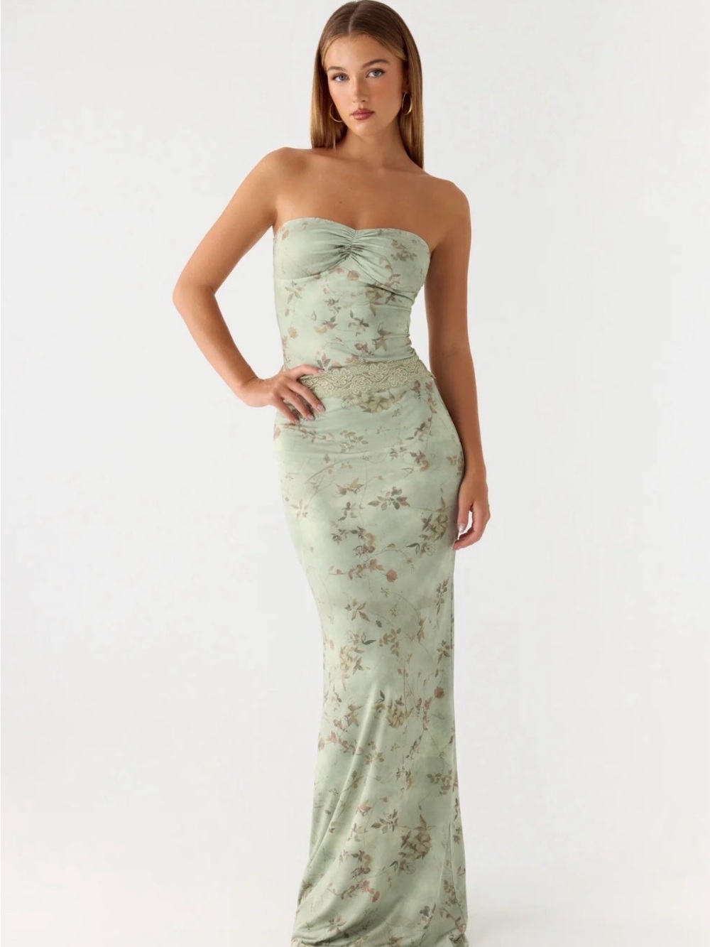 Peppermayo Sage Green Strapless Floral Maxi Dress